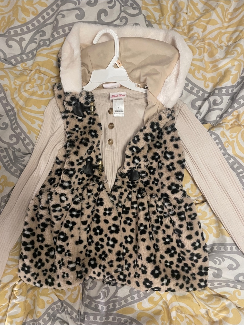 Little Lass Beige and Black Leopard Faux Fur Vest with Cream Ribbed Top